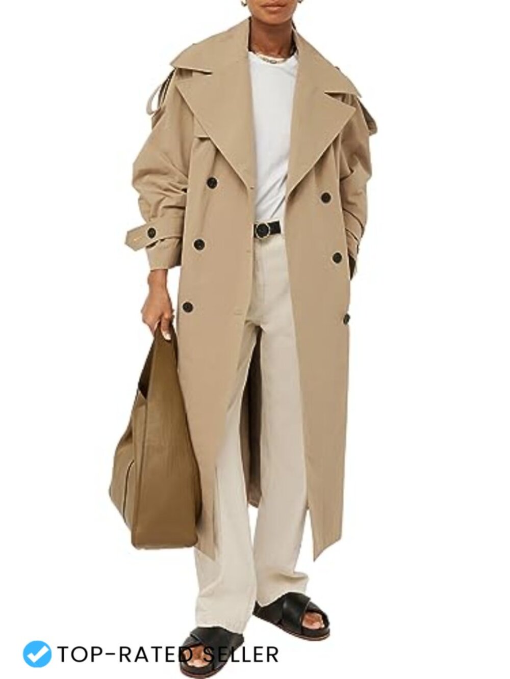 Farktop Women's Oversized Long Trench Coat Double Breasted Lapel Windproof